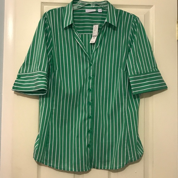 NWT Green Striped Button-Up Blouse - Picture 1 of 3
