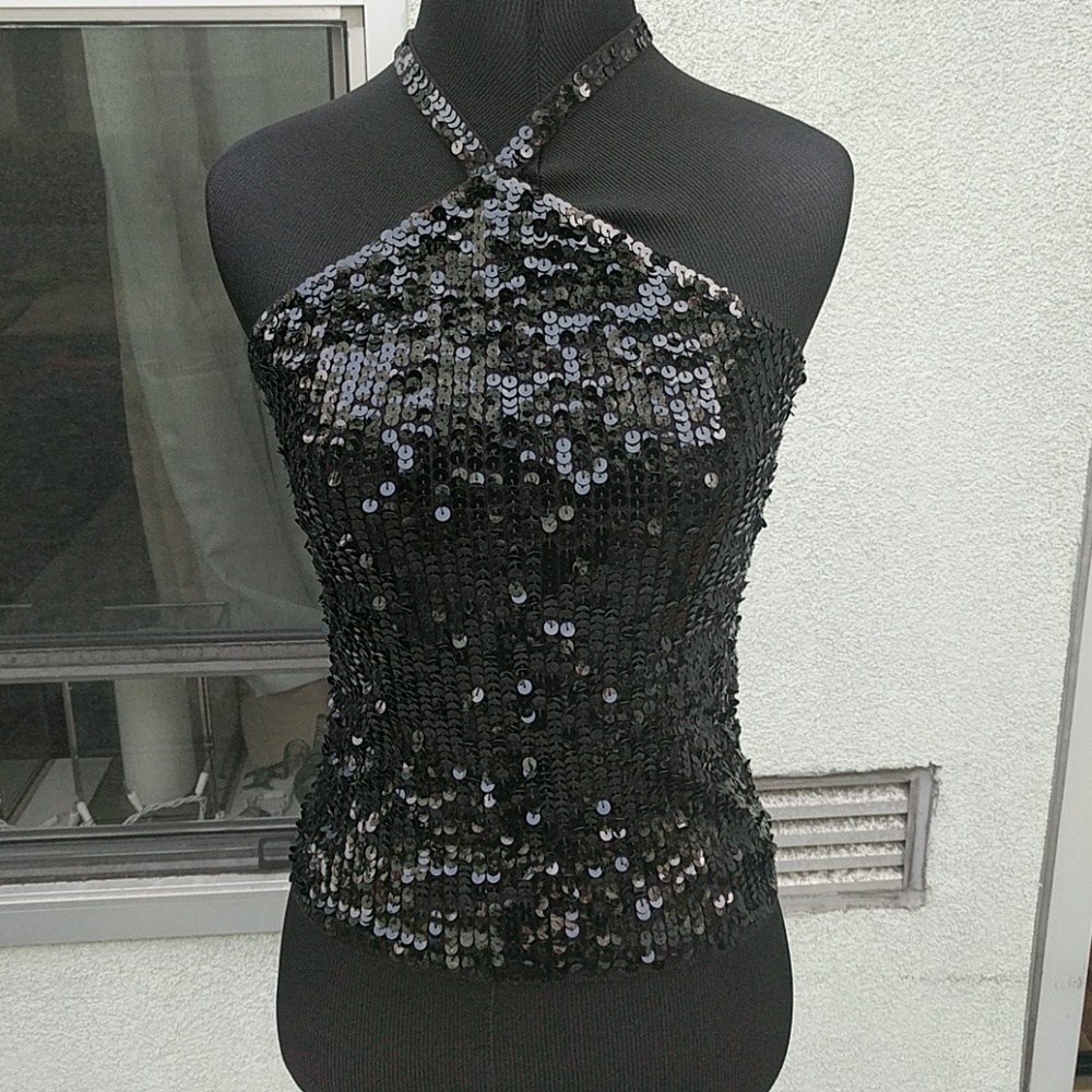 Sequined black halter top