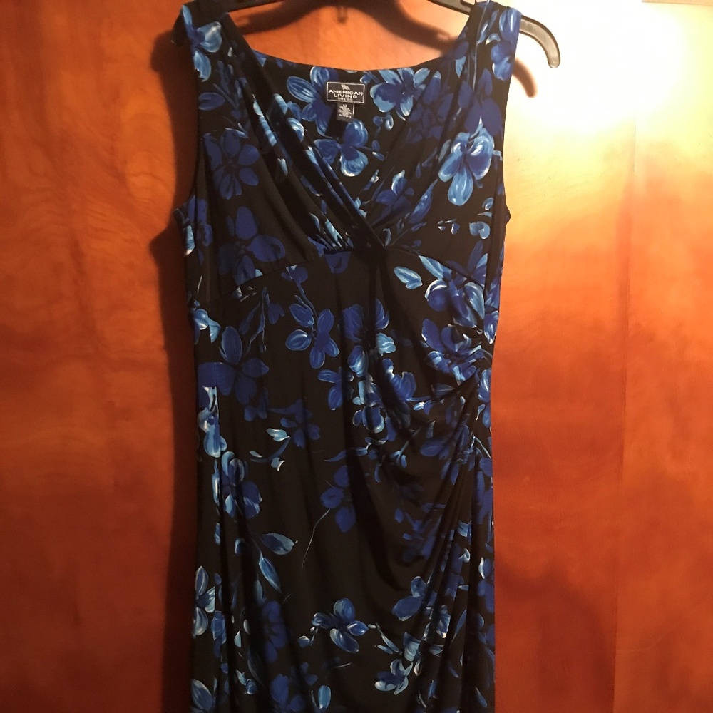 Sleeveless black with blue flowers dress.
