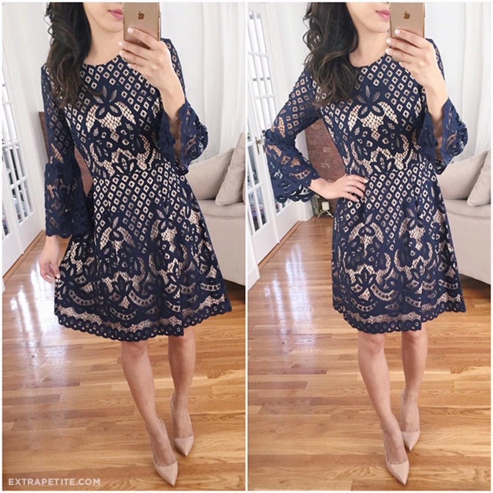 Eliza J Navy Lace Bell Sleeve dress