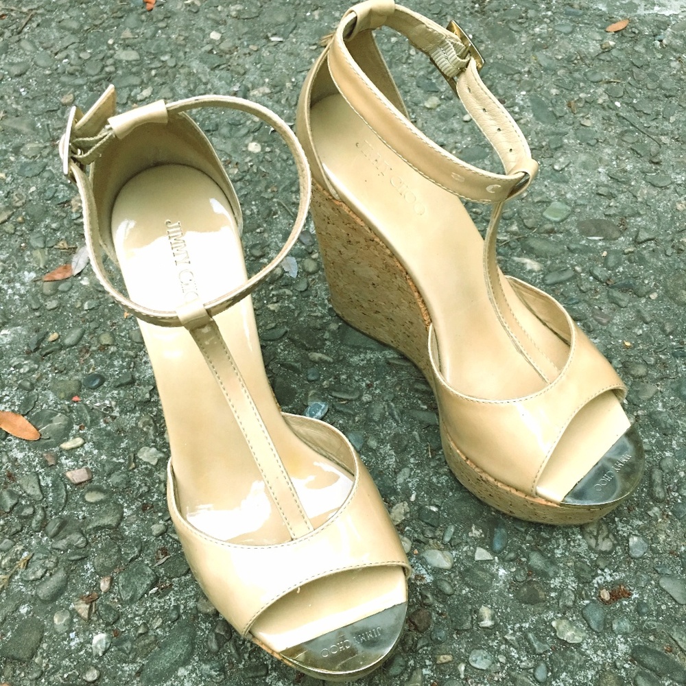 Jimmy Choo Pela Patent Nude Wedge Sandal