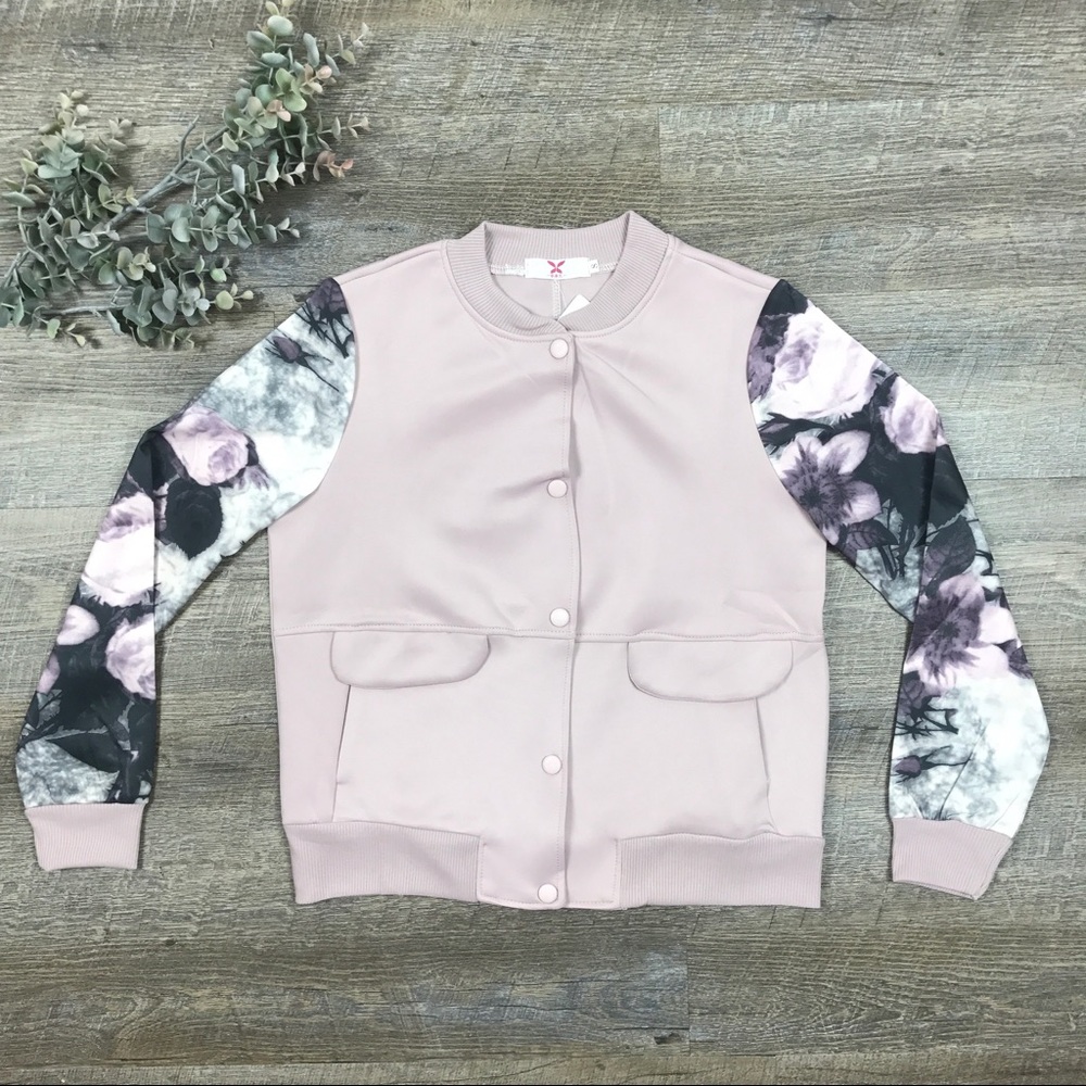 🔥Floral Sleeve Blush Buttoned Track Bomber Jacket - Picture 2 of 6