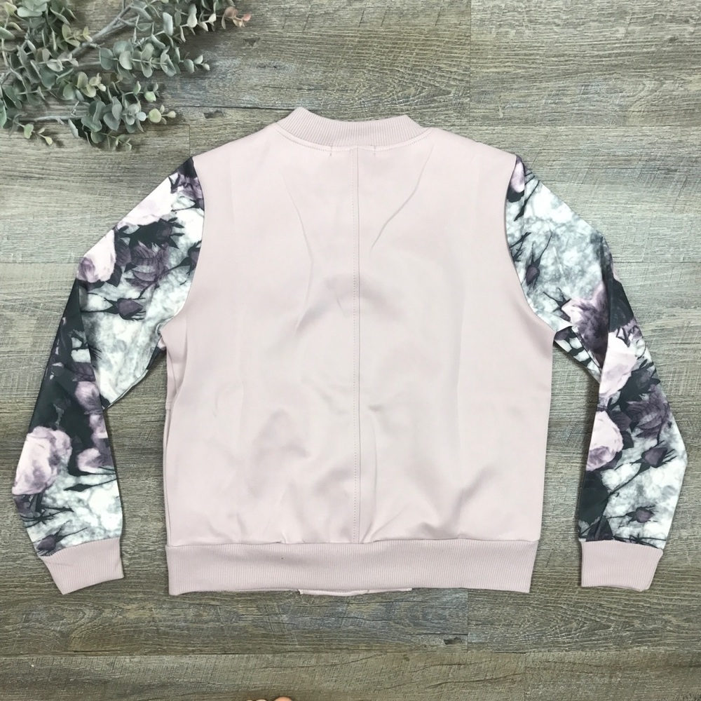 🔥Floral Sleeve Blush Buttoned Track Bomber Jacket - Picture 3 of 6