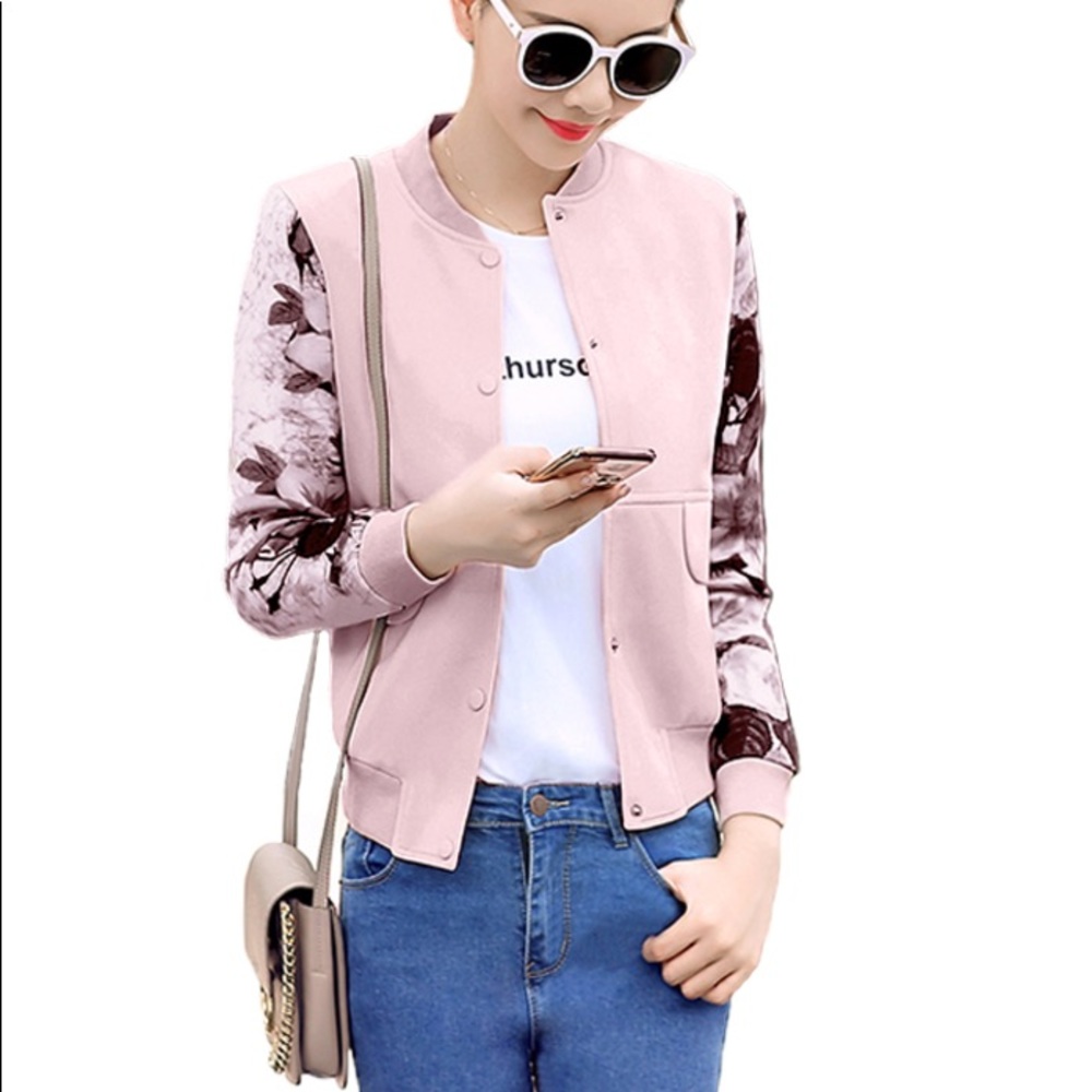 🔥Floral Sleeve Blush Buttoned Track Bomber Jacket - Picture 6 of 6