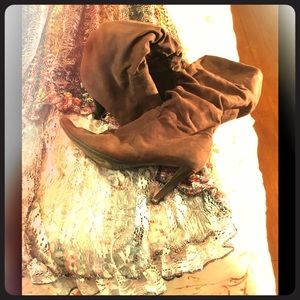 Mid calf suede high heel zip up boots