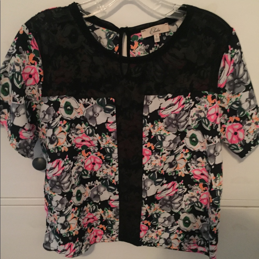 Neon Floral with black sheer center blouse