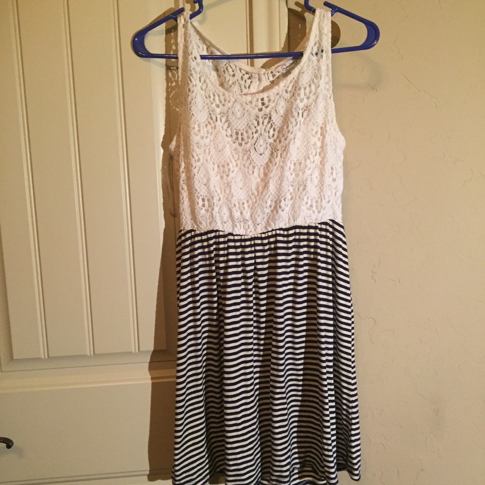 Lace Cream and Striped Blue Cream Dress Size L