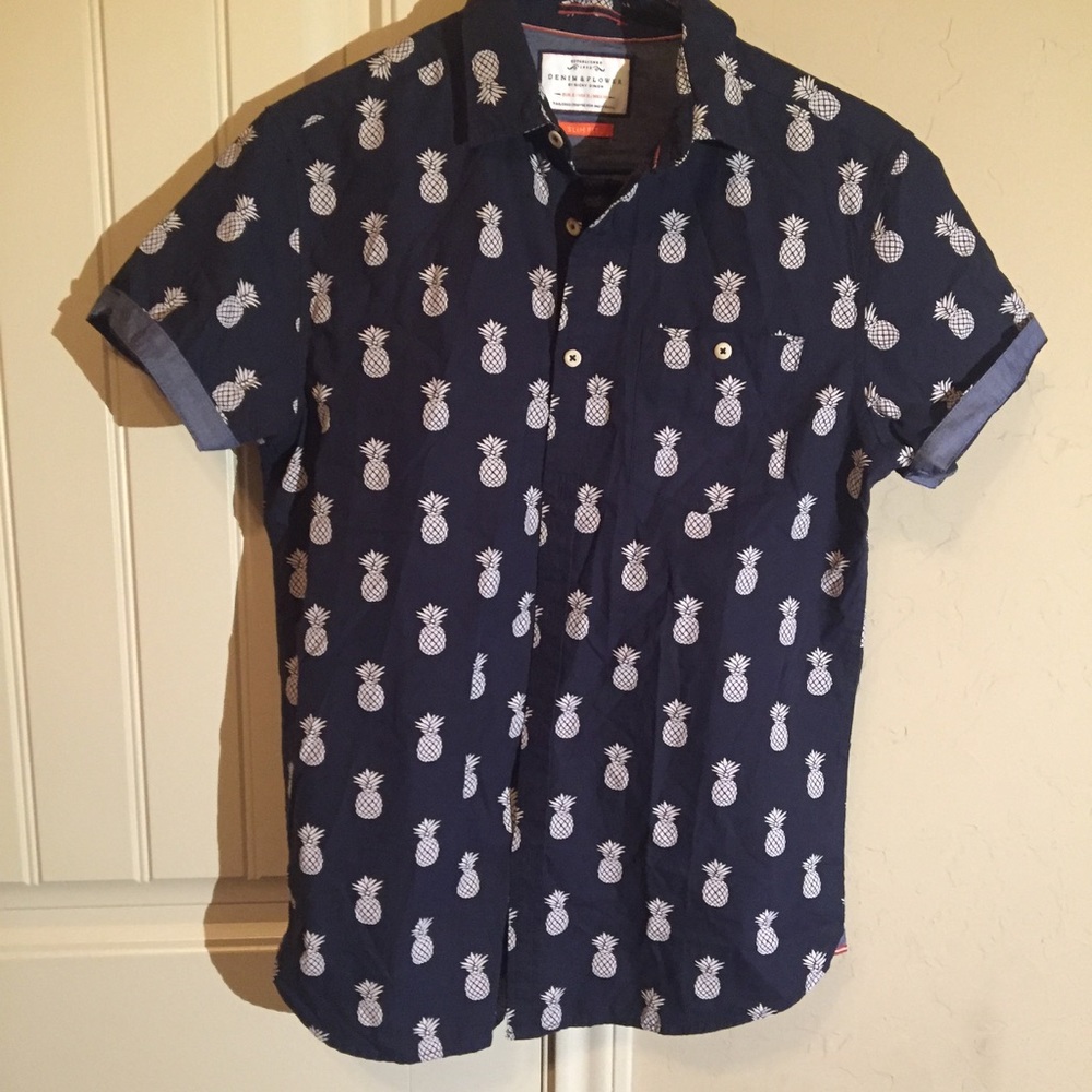 Pineapple Button Up Top Navy Blue Slim Fit