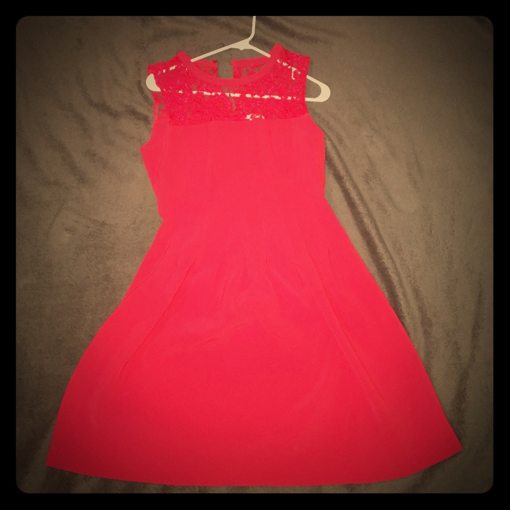 Red dress with lace neckline