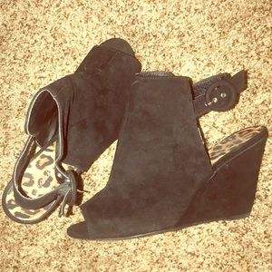 Black suede open toe wedge