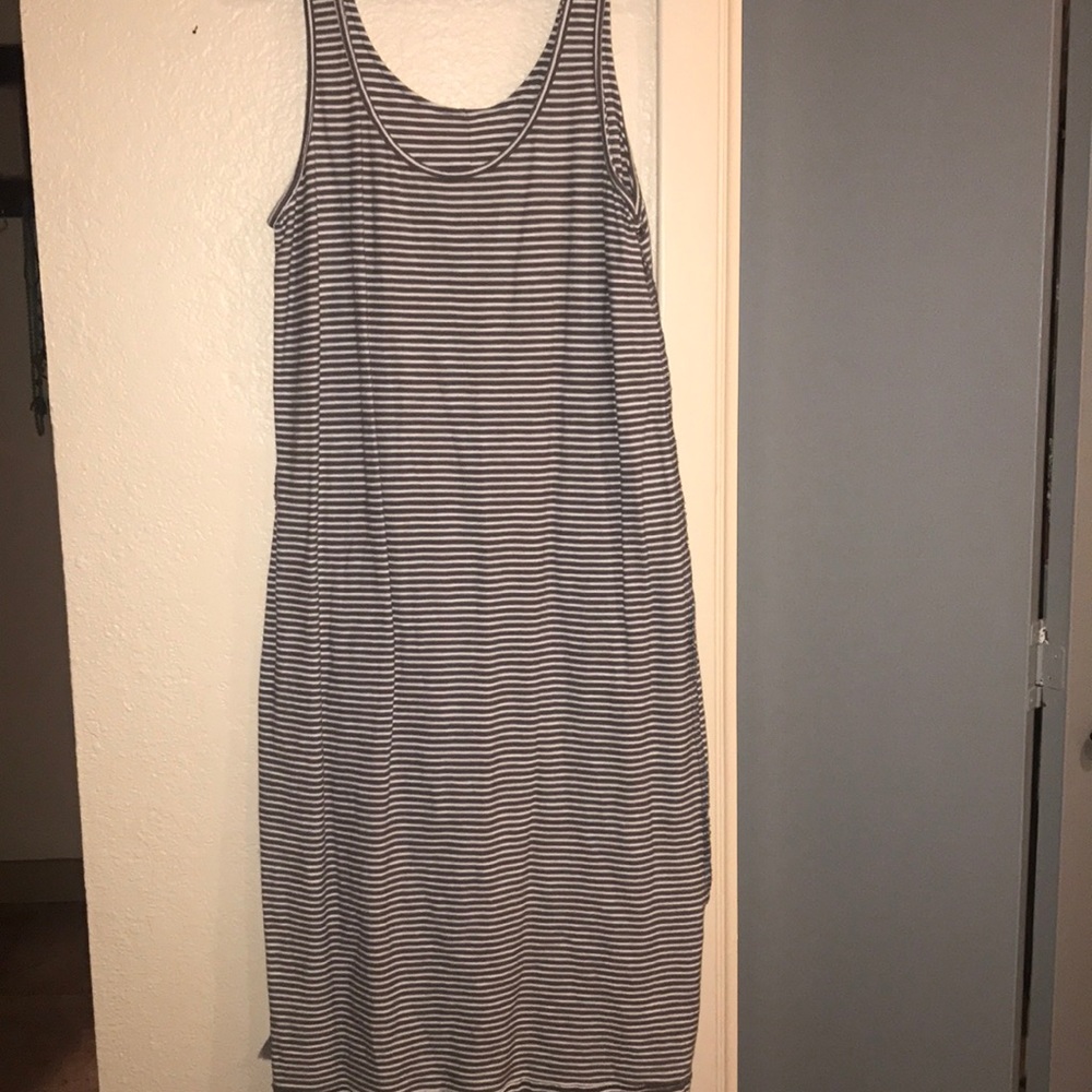 Grey and white striped midi dress