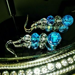 Blue, Clear & Silver Crystal Dangle Earrings