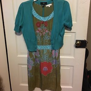 Olive green dress w/ flower design red, pink, aqua