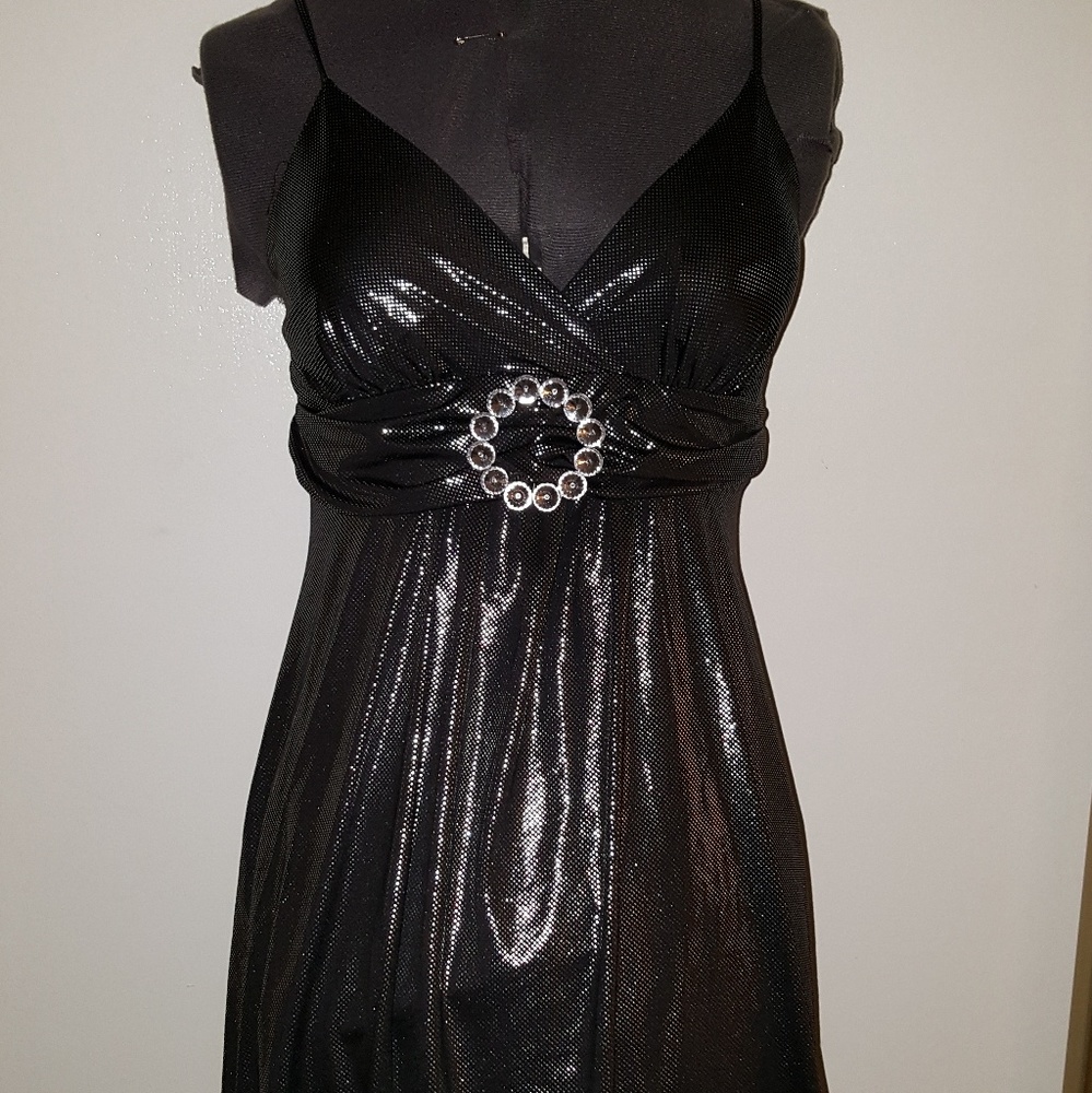 Sexy Black Silver Dress V-Neck Stretchy Jewel Belt