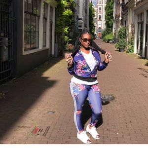 A fun and colorful sporty pants sweat suit