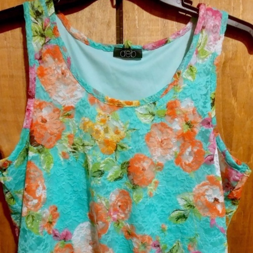 Deb Teal Flowered Lace Lined Tank 2X Blouson Style