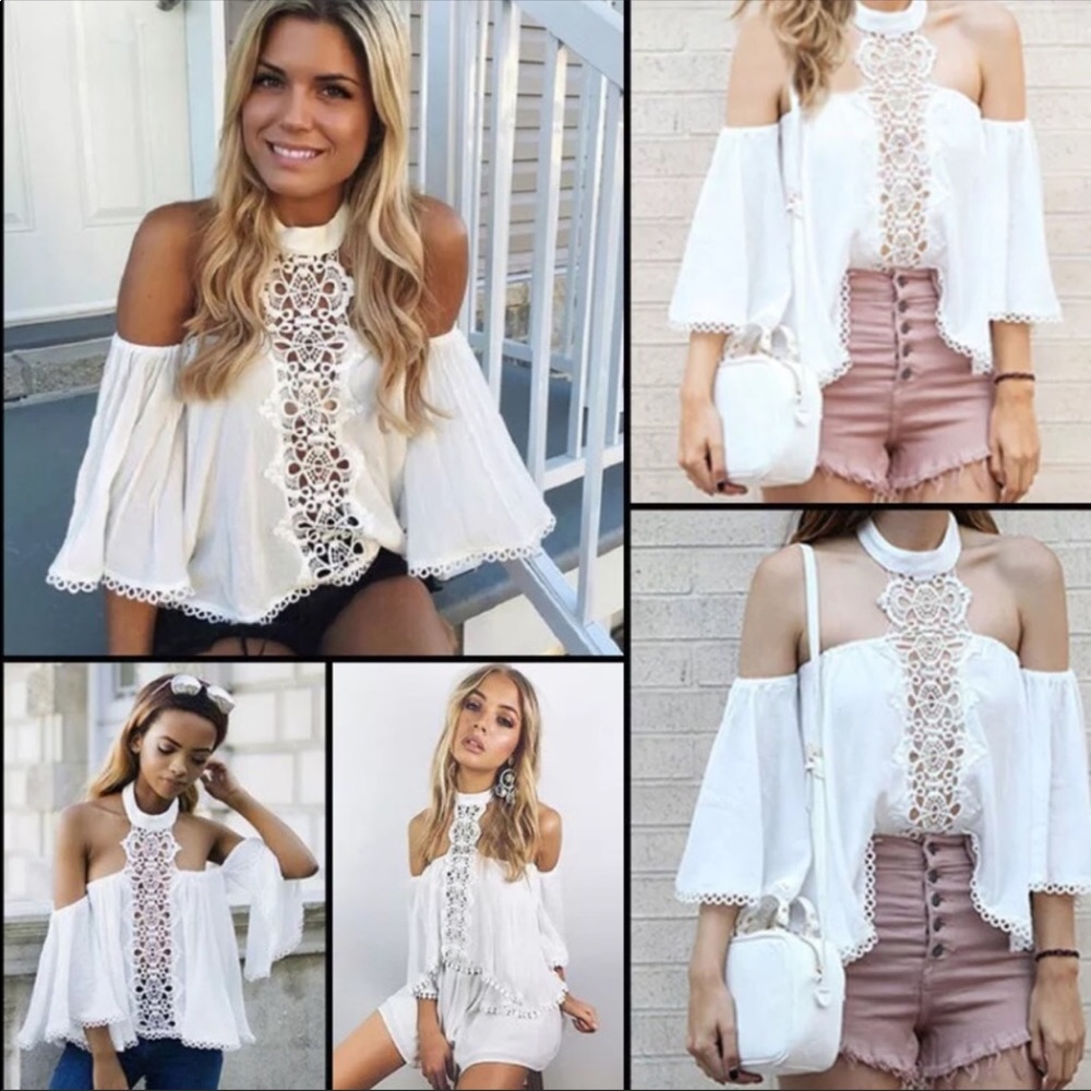 White Lace Cold Shoulder Halter Top