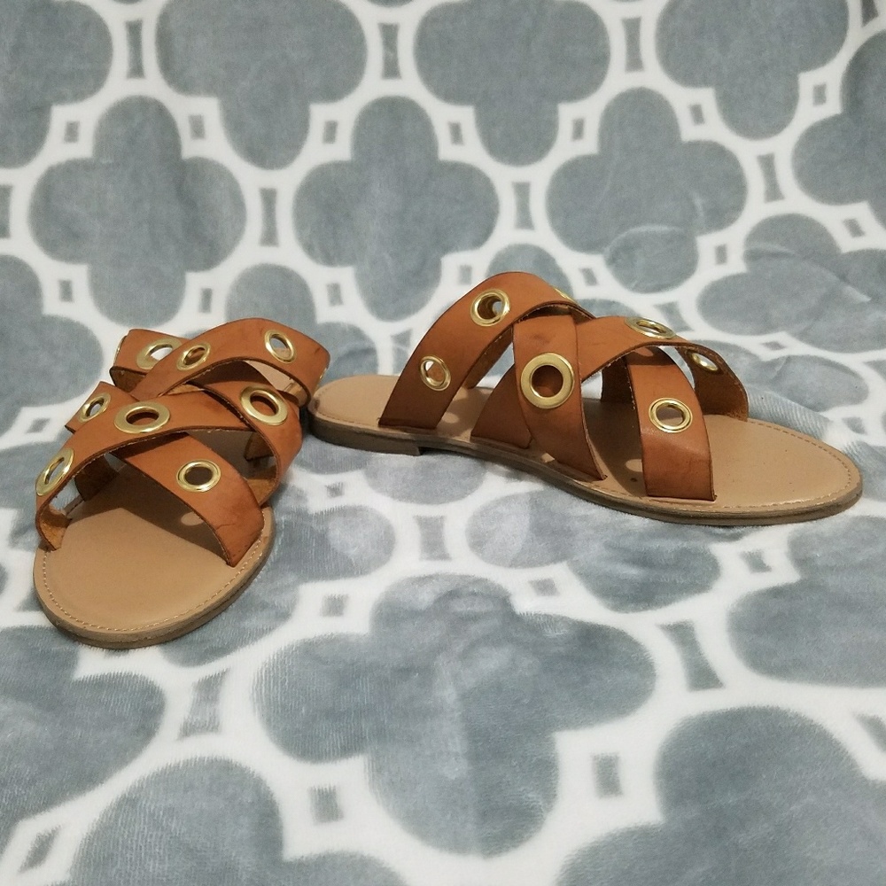 Brown and Gold Crisscross Flat Sandals