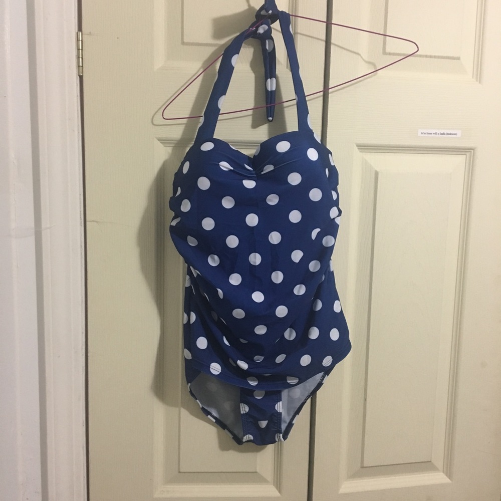 Blue polka dot one piece swim suit
