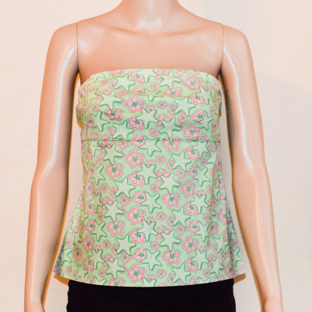 VINEYARD VINES Green & Pink Starborard Starfish Print Preppy Strapless Top