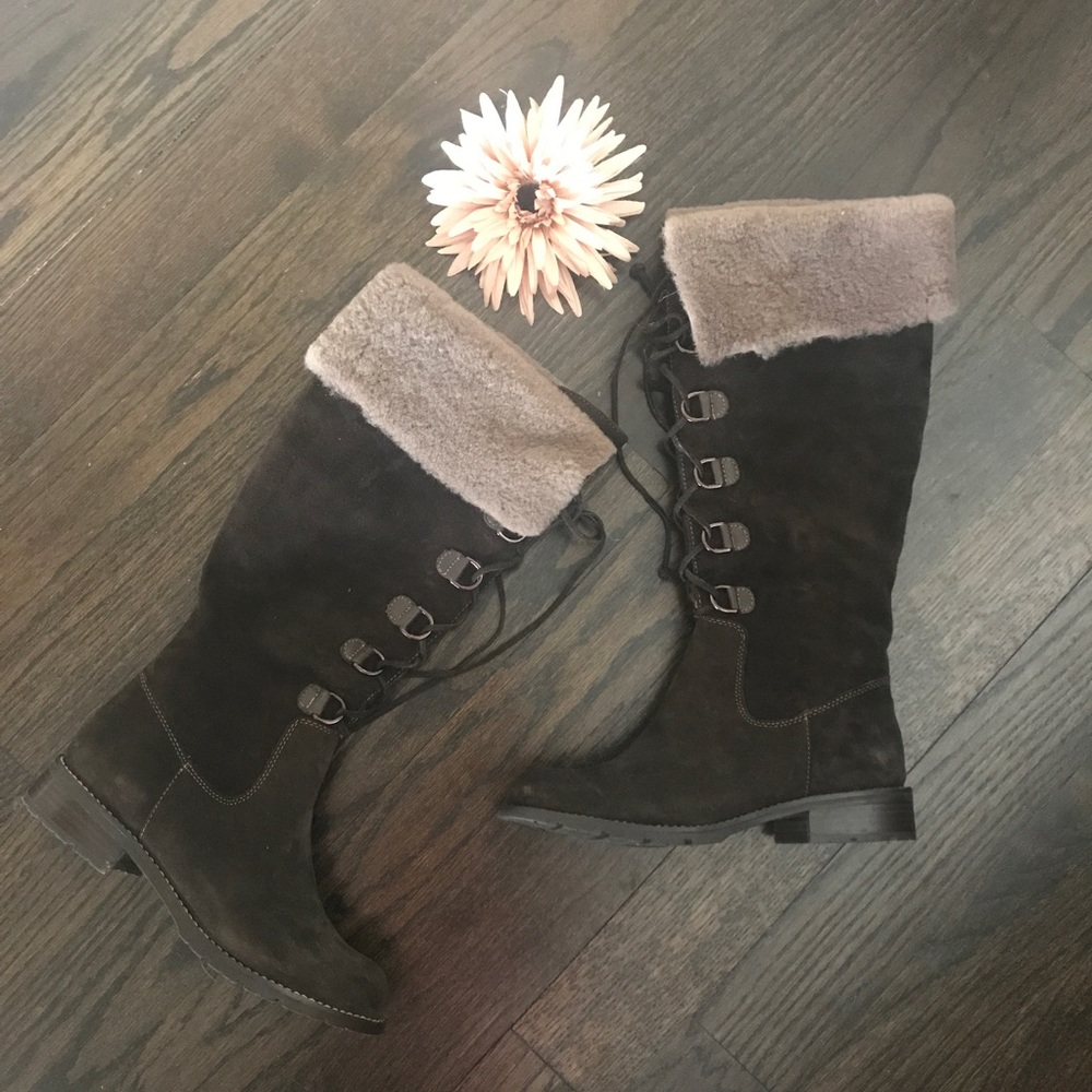 Sofft Dark Brown Suede Lamb Fur Cuff Lace Up Boots