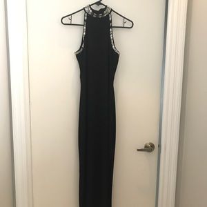 High neck beaded trim cocktail maxi dress