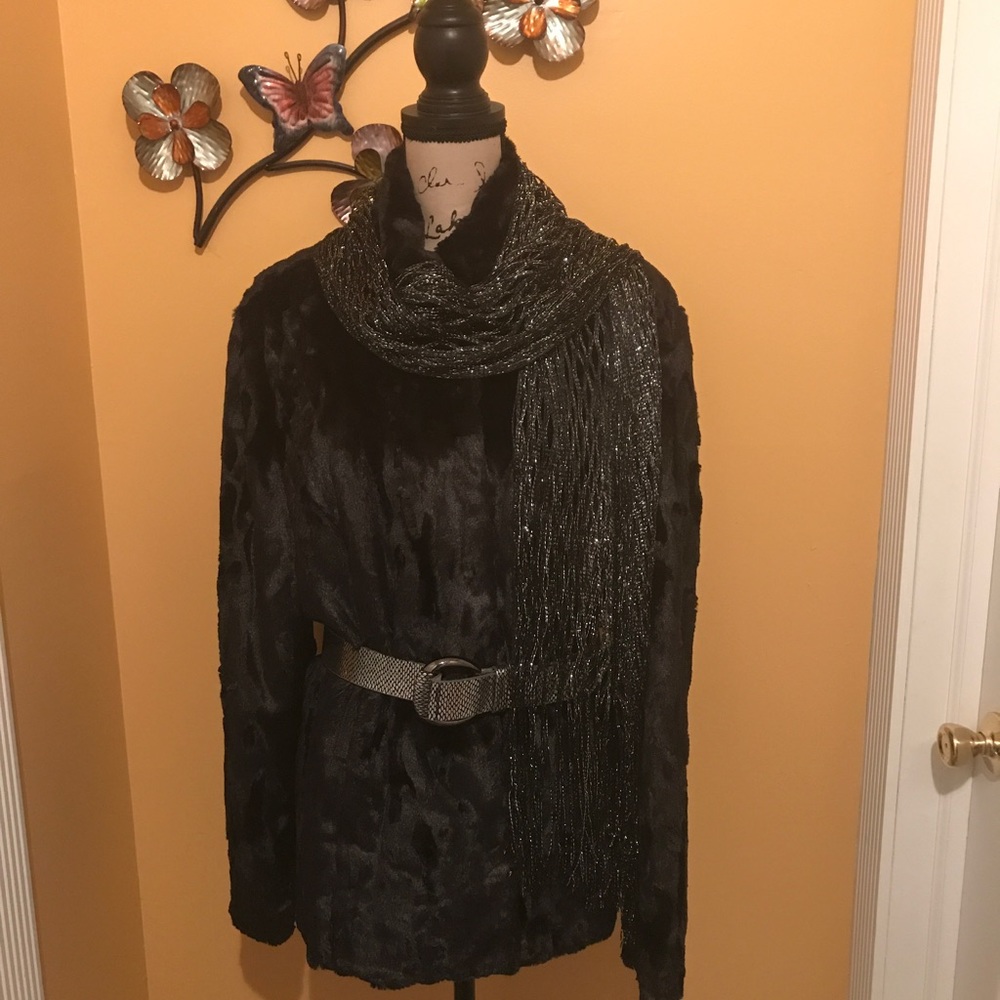 Black fun fur finger tip length jacket