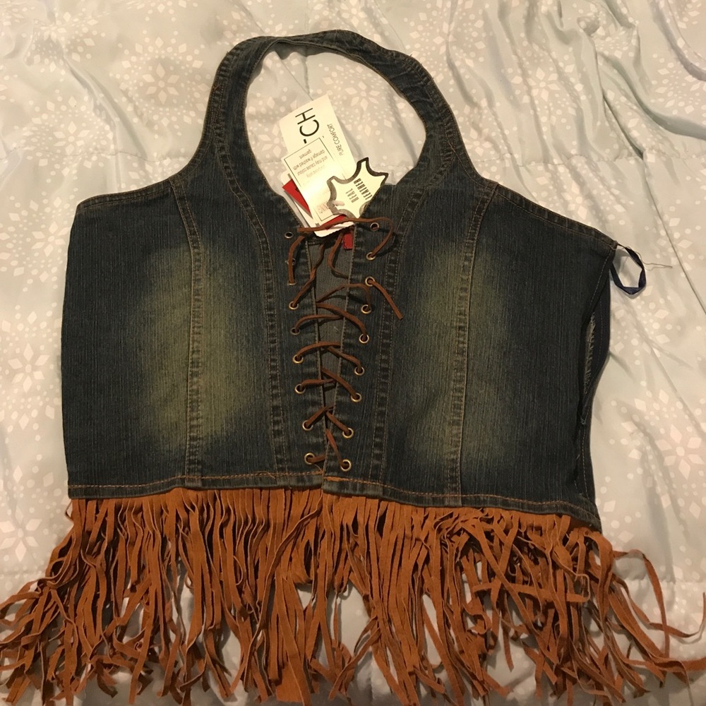 NWT Denim and leather halter top