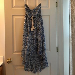 Blue and White Long Strapless Patterned Sundress