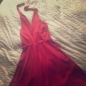 Red fit and flare halter dress