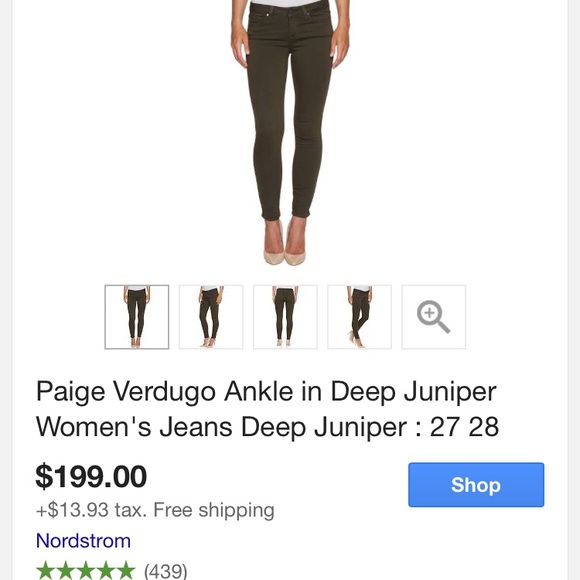 Paige verdugo ankle jeans size 30 dark moss - Picture 3 of 5