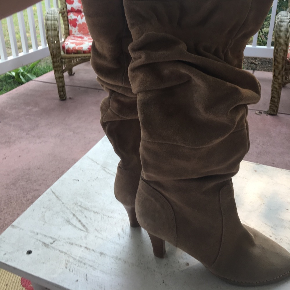 Genuine suede tan knee high slouch high heel boots
