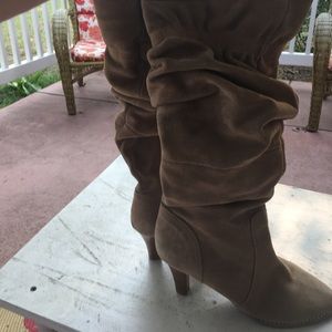 Genuine suede tan knee high slouch high heel boots
