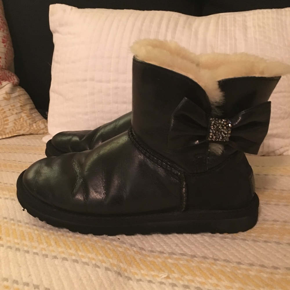 UGG Leather Boots with  Rhinestone  on side Bows.