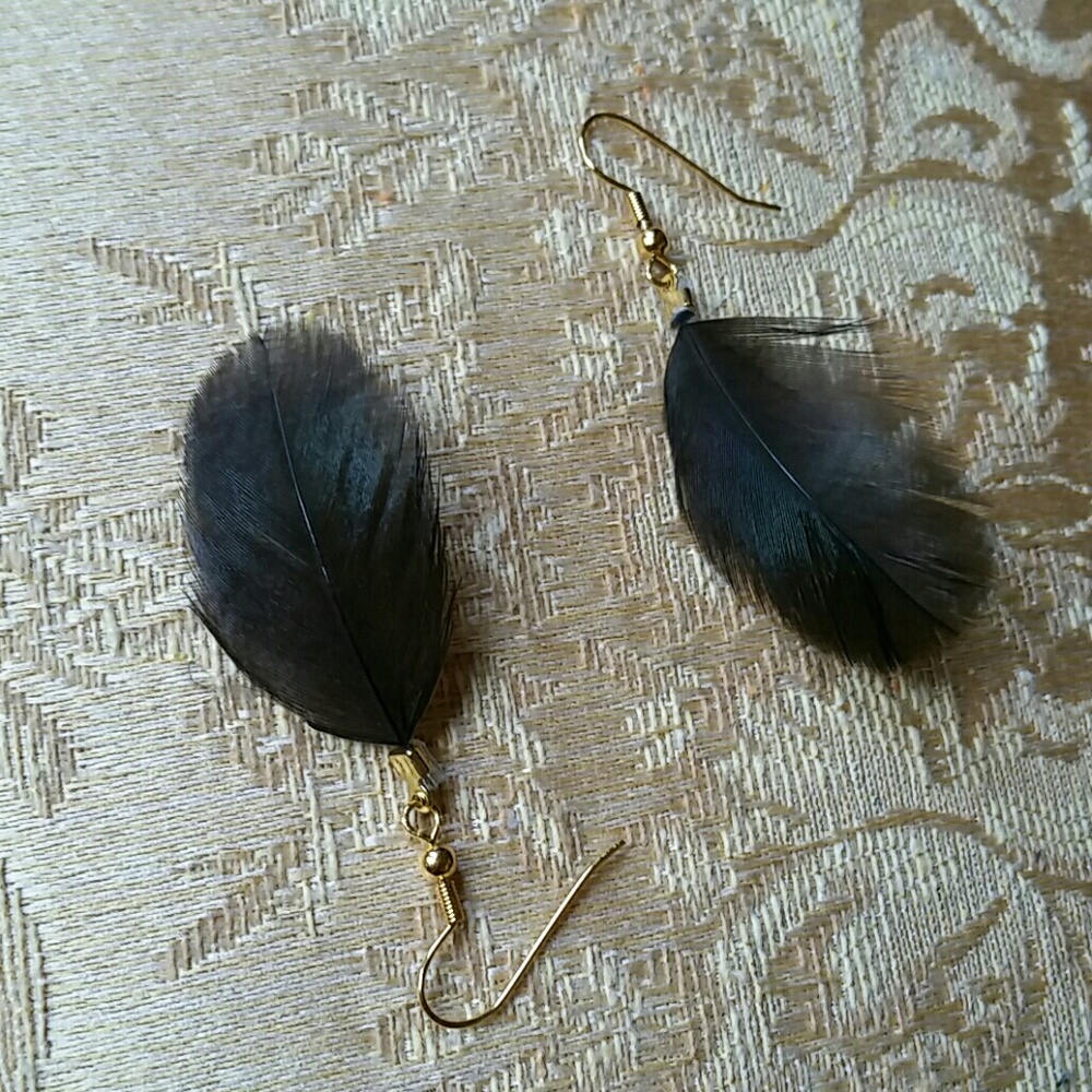 Irredecent Black / Green Feather & Gold Earrings