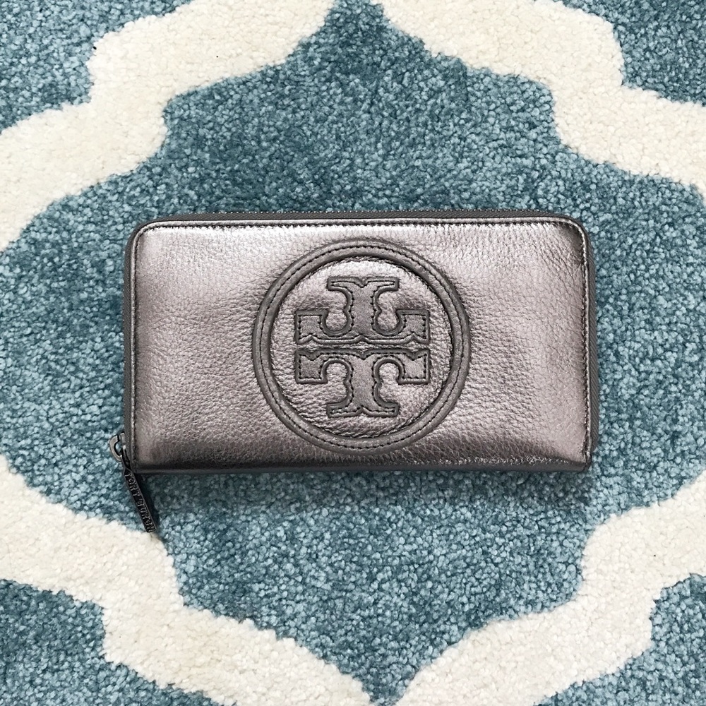 Tory Butch Pewter Continental Zip Around Wallet