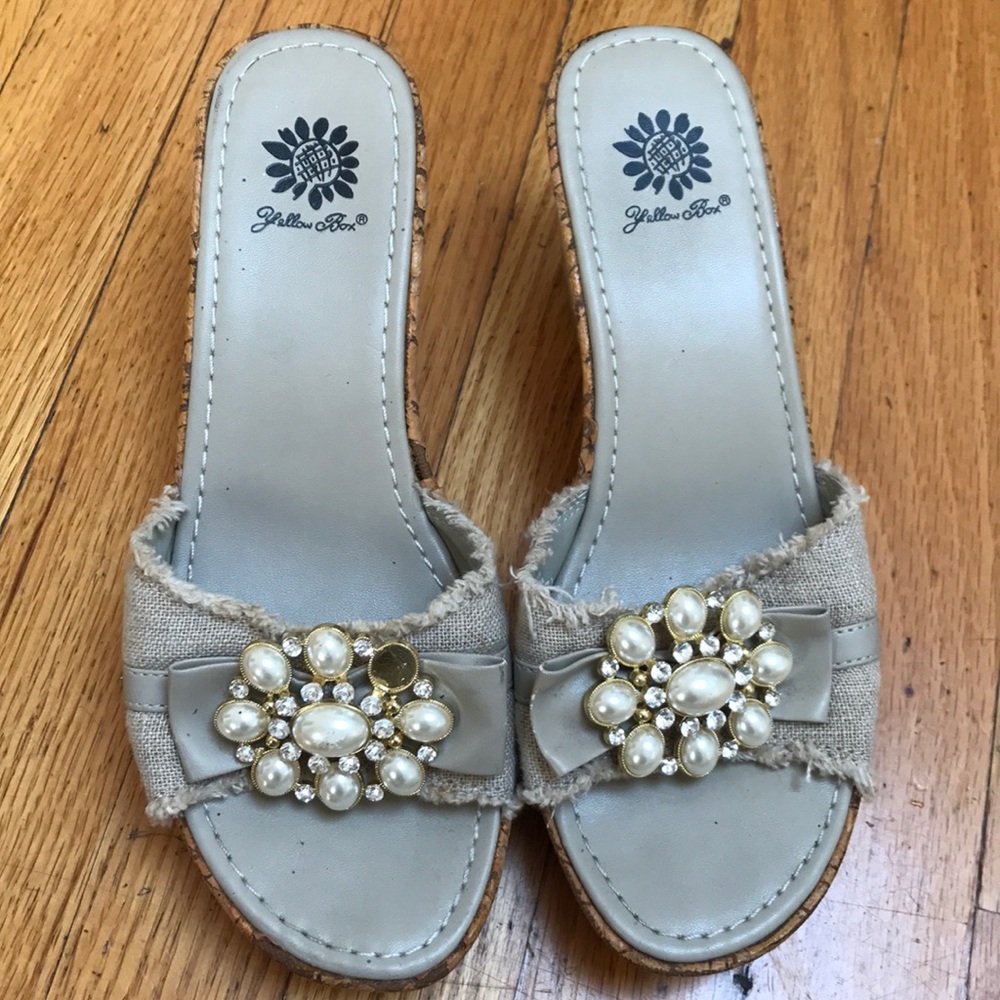 Tan linen wedges with cork heel
