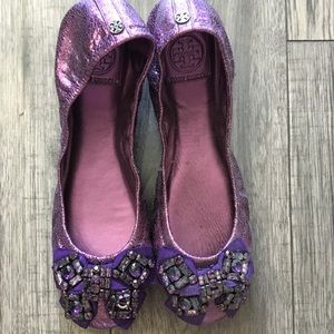 Tory Butch Flats Metallic Rhinestone Bow Size 9