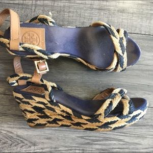 Tory Burch Blue and Tan Woven Wedges Size 9