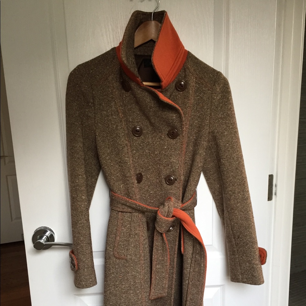 Tweed Trench Coat with Orange Trim - 100% Wool