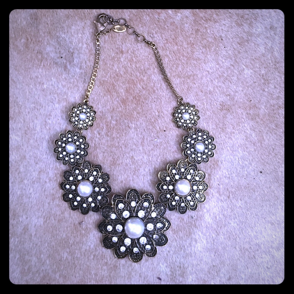Bib statement necklace with pearls and crystals