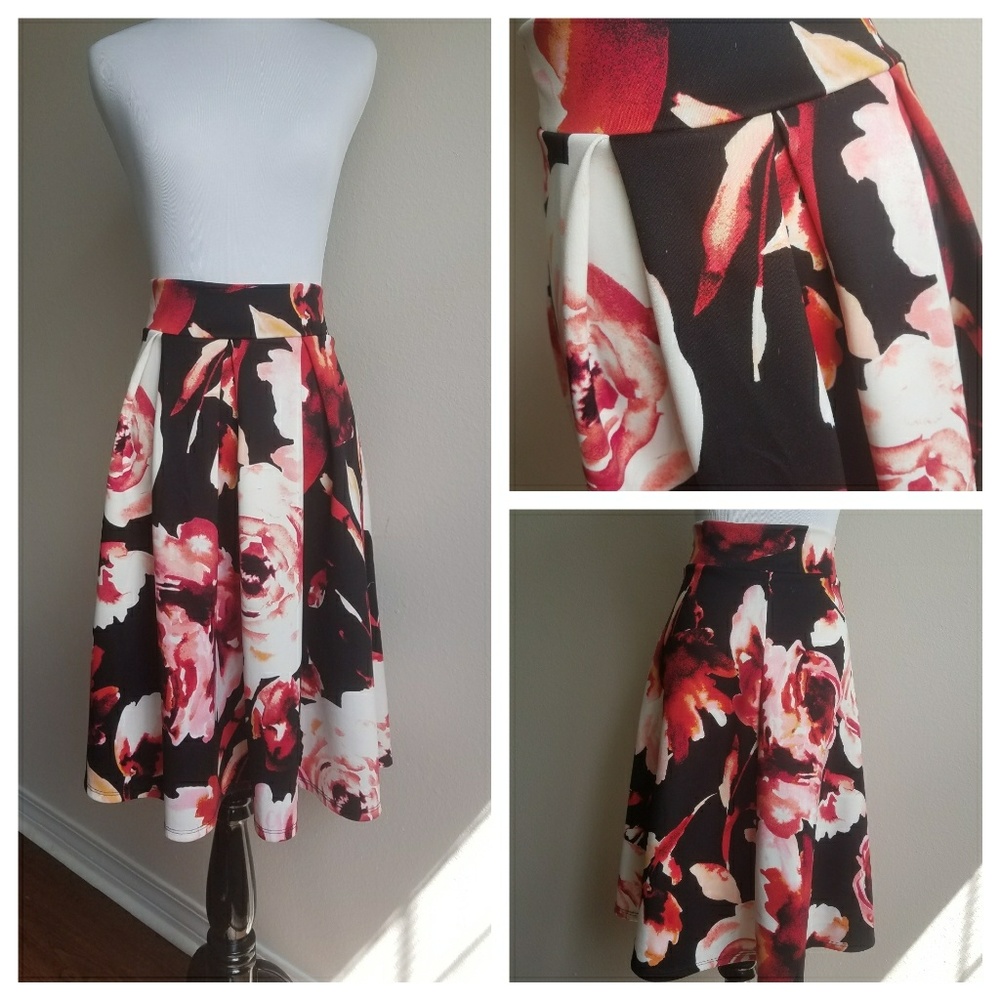 Floral Pleated Scuba A-Line Autumn Midi Skirt