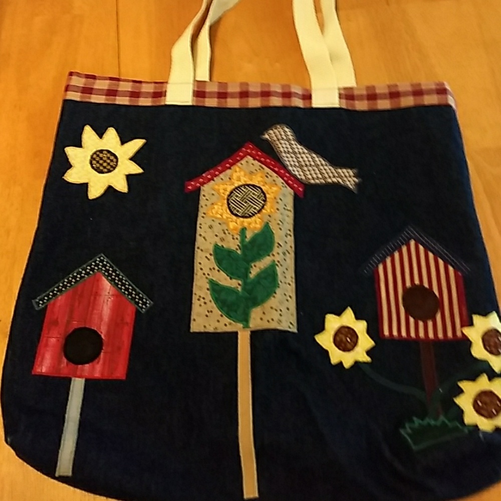 Denim bird house tote bag