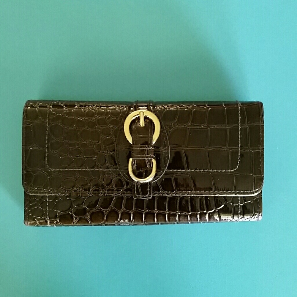 Brown Faux Leather Wallet with Gold Buckle