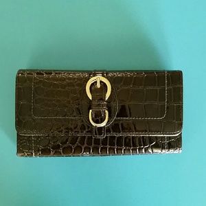 Brown Faux Leather Wallet with Gold Buckle