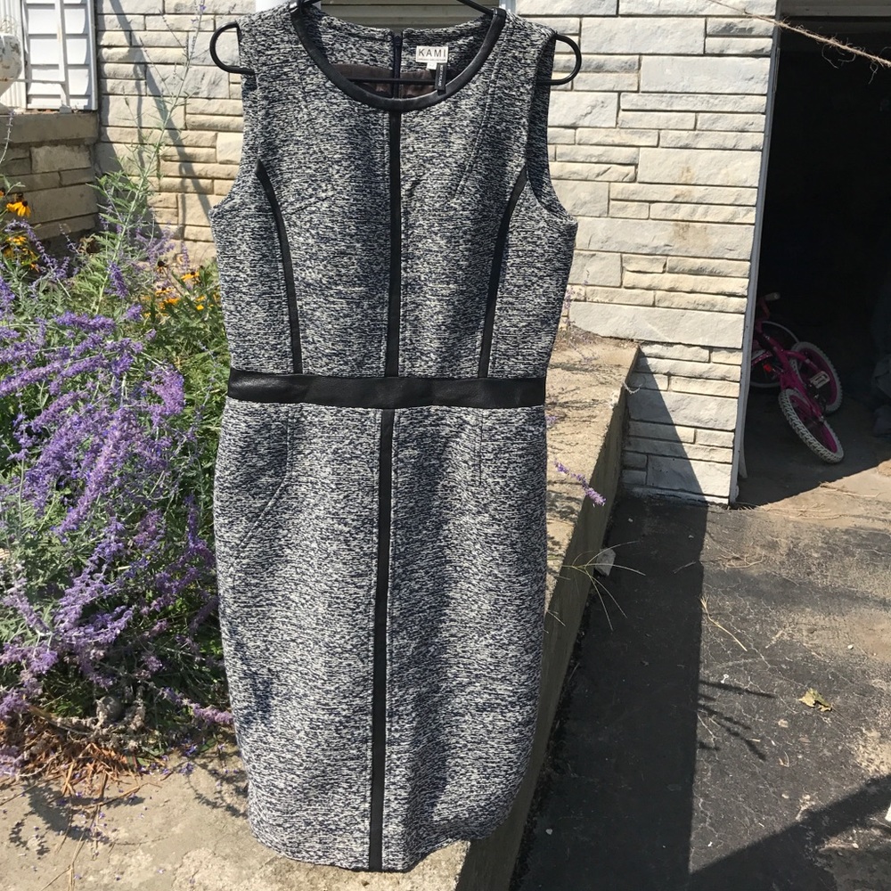 Leather trim/ tweed shift dress