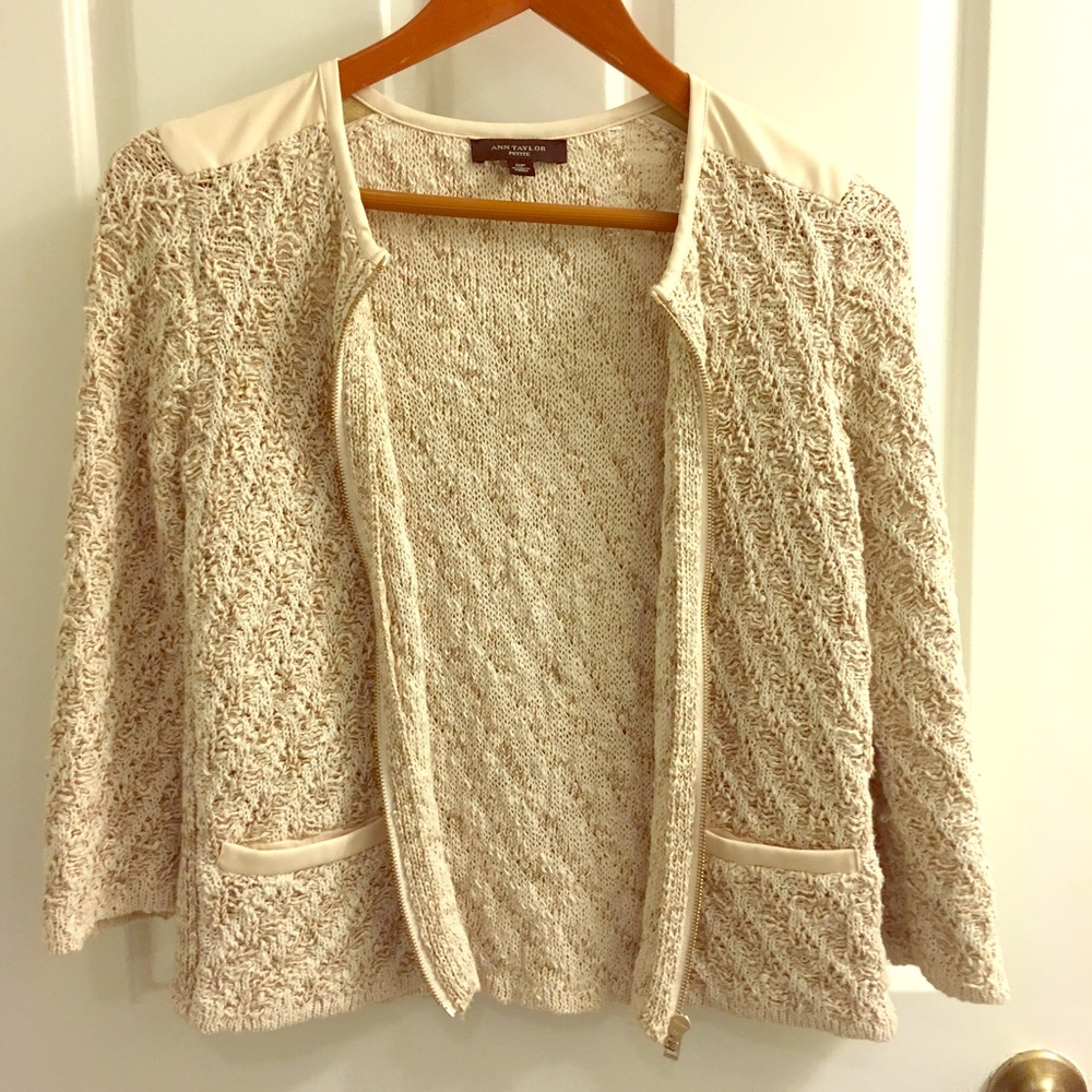 Ann Taylor zip up knit blazer faux leather trim SP