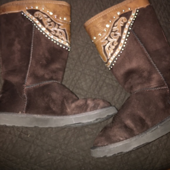 Brown Fuzzy Boots with Rhinestones - Picture 1 of 5
