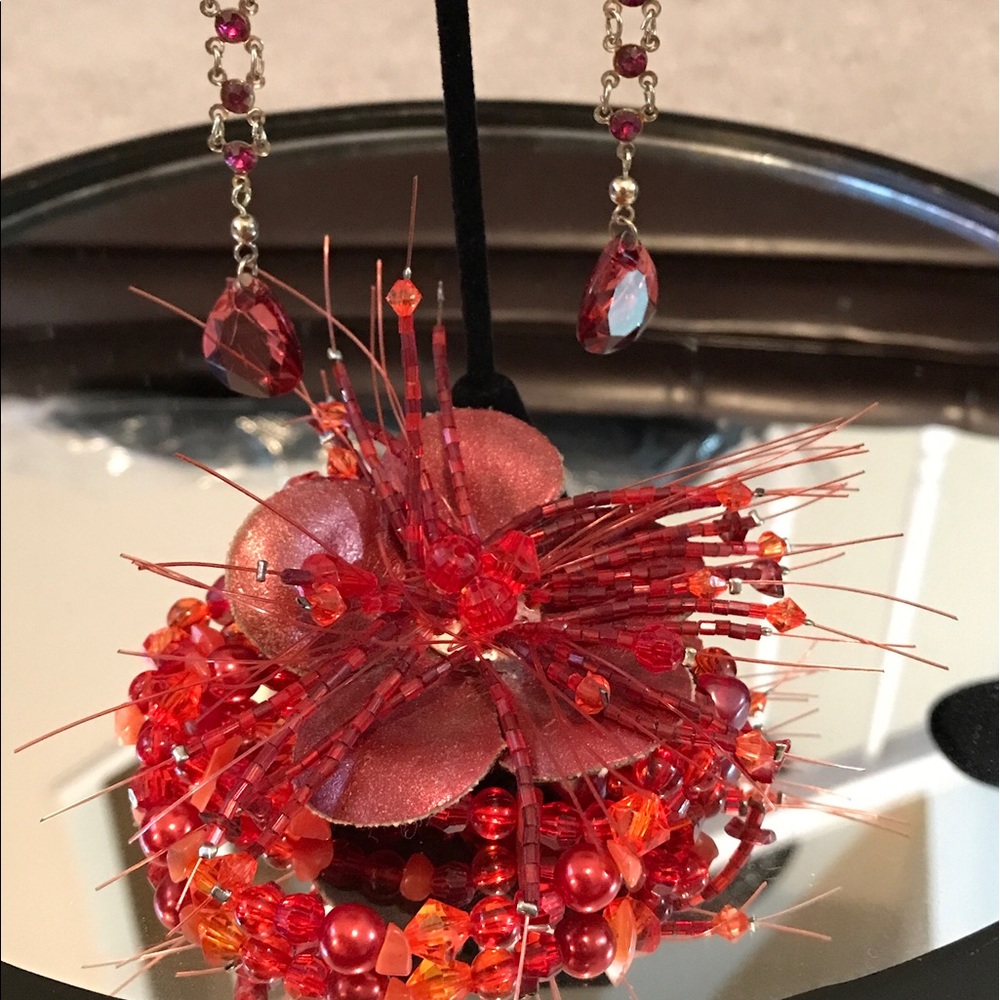 Red flowered braclet and dangling earrings