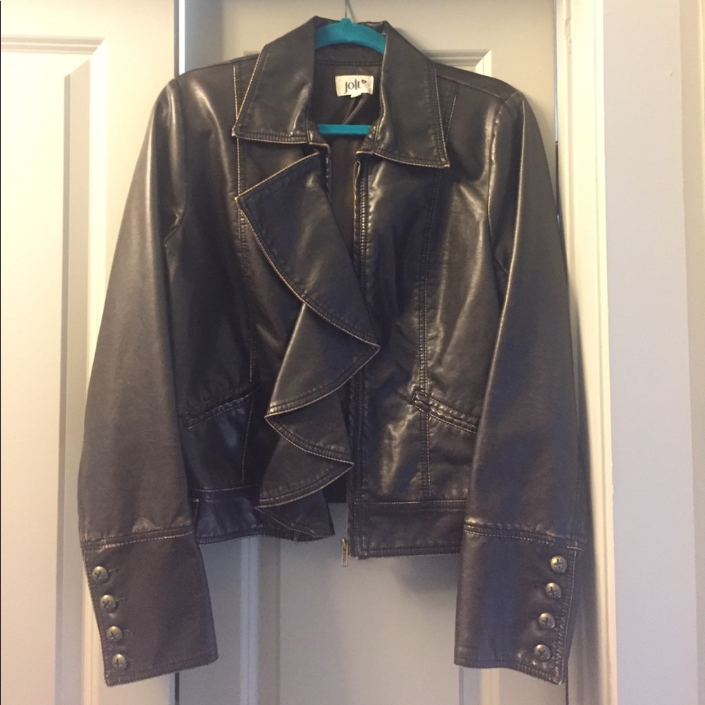 Jolt ruffled, chocolate brown leather jacket